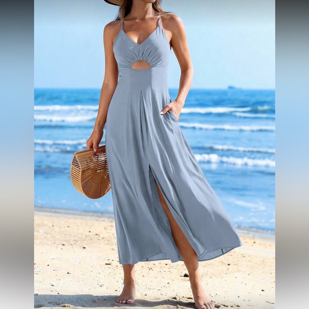 Grayish Blue  Maxi Dress with Front Slit